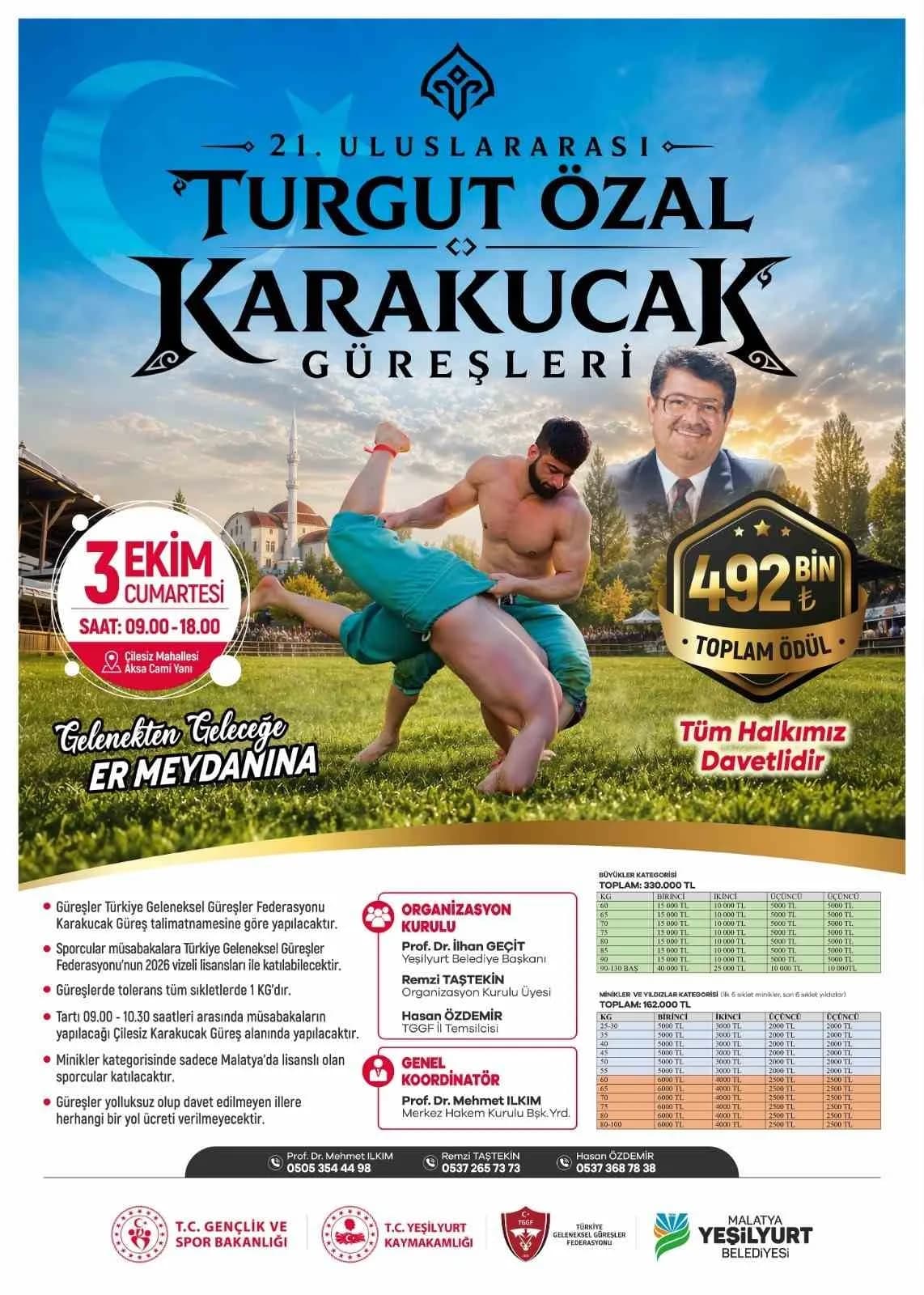 21. Uluslararası Turgut Özal Karakucak Güreşleri 3 ekimde düzenlenecek
