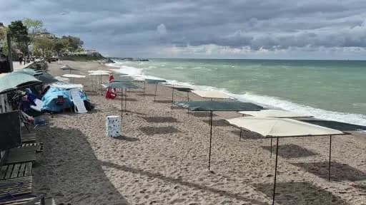 Akçakoca sahilinde boş plajlar ve sahilde uçan martılar