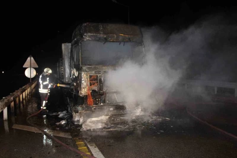 Olay yerine polis ve itfaiye ekipleri sevk edildi. Etrafı aydınlatan alevler kısa sürede kamyonun kupa kısmını kaplayara