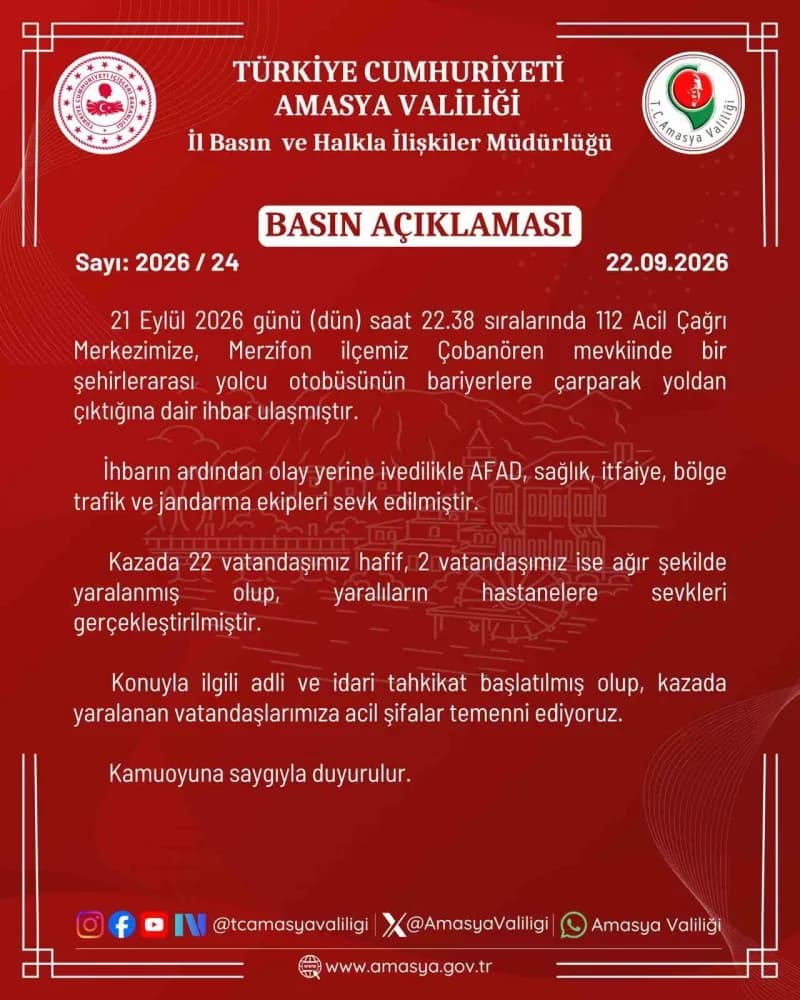 Amasya'da yolcu otobüsü şarampole uçtu: 2'si ağır 24 yaralı