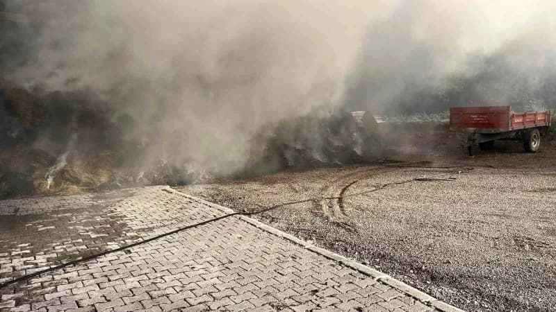 Aardahan'ın Posof ilçesine bağlı Yurtbekler köyü'nde çıkan yangında samanlık alevlere teslim oldu. (Olgun yıldız/Ardahan