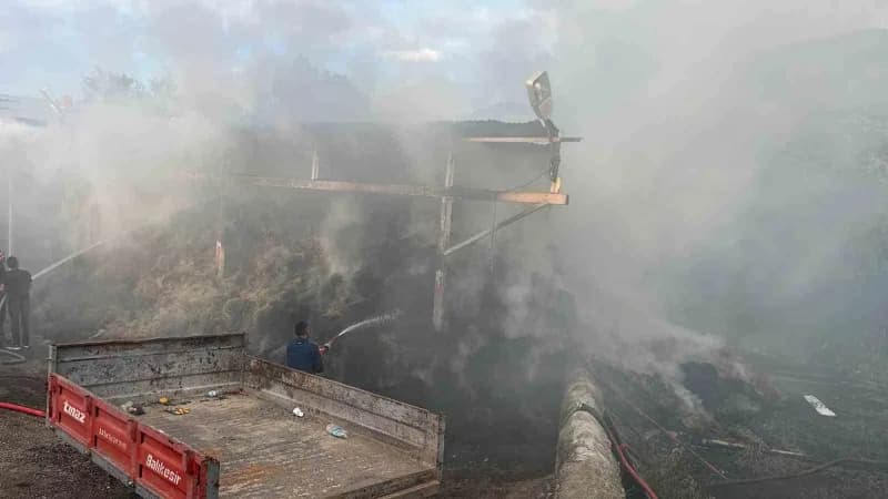 Ardahan Posof Yurtbekler köyünde samanlık yangını sonrası müdahale görüntüsü