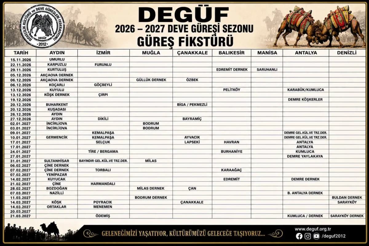 Aydın’da geleneksel Deve Güreşi sezonunun 2026-2027 takvimi belli olurken, kent genelinde 15 Kasım 2026 ile 14 Mart 2027