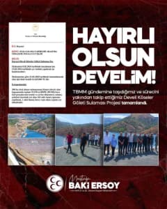 Baki Ersoy sosyal medya paylaşımı ile Develi Köseler Göleti Sulama Projesi tamamlandığını duyuruyor