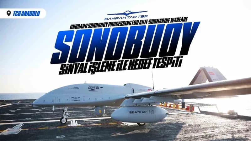 Bayraktar TB3 SİHA, Denizkurdu Tatbikatı sırasında TCG Anadolu’dan havalanarak sonoboy atışı gerçekleştiriyor