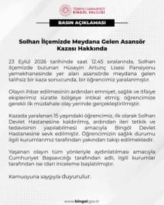 Bingöl Solhan ilçesinde okul mutfağı asansöründe meydana gelen kazada yaralanan öğrenci için sağlık ekipleri müdahale ed