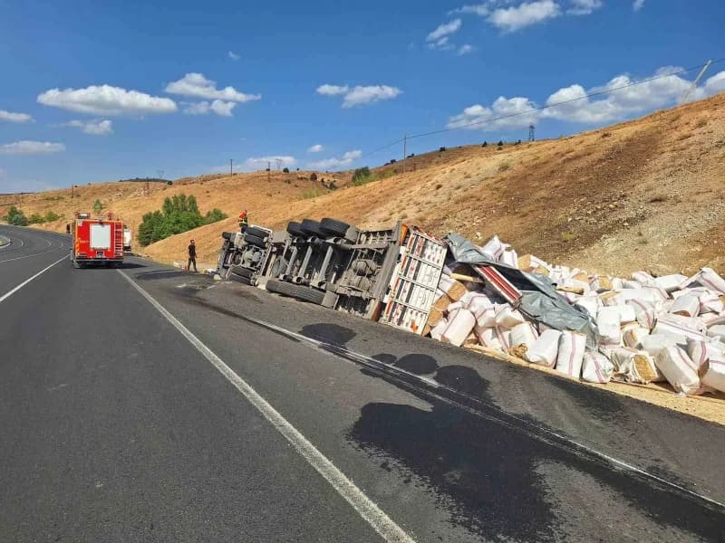Bingöl’de saman yüklü tır devrildi