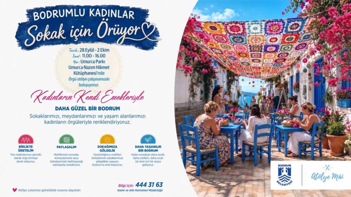 Bodrum’da kadınların el emeğiyle örülen renkli motiflerin sergilendiği sokak çalışması