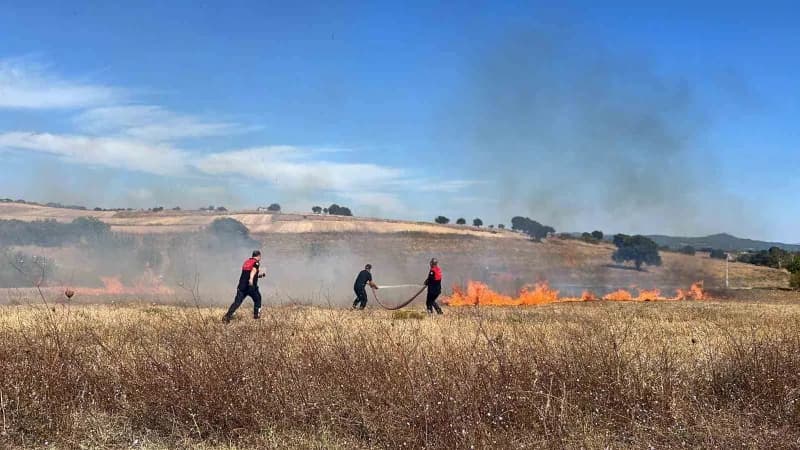 Çanakkale Esenler Mahallesi'nde özel bakım merkezi yakınlarında çıkan ot yangını müdahale eden ekipler