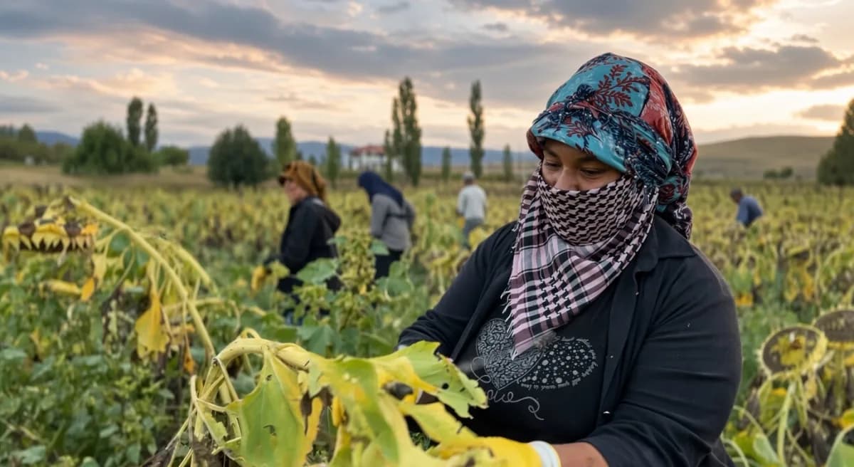 Erzincan Çayırlı ilçesinde sarı ayçiçeği tarlalarında biçerdöverle hasat yapılırken üreticiler çalışıyor