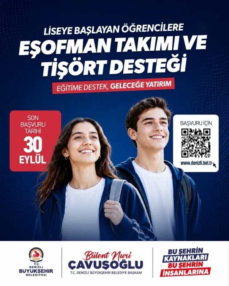 Denizli Büyükşehir Belediyesi tarafından 9. sınıf öğrencilerine verilen eşofman takımı ve tişört desteği