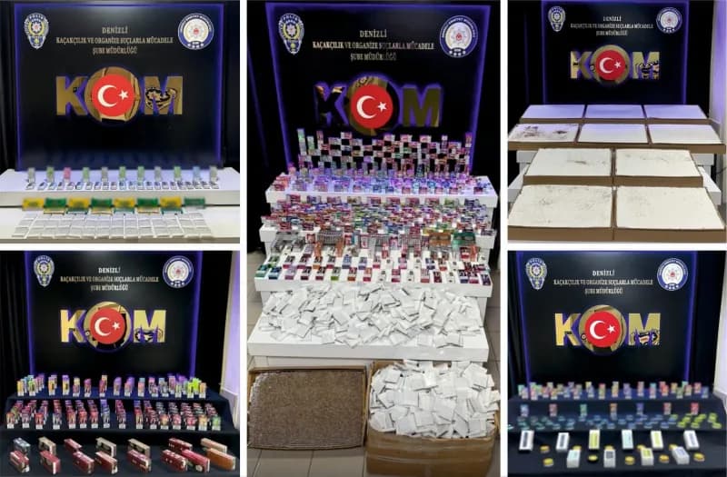 Denizli polis ekipleri kaçak tütün ve mamulleri operasyonunda ele geçirilen ürünlerle poz veriyor