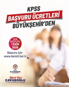 Denizli Büyükşehir Belediyesi binası önünde KPSS destek başvurusu ile ilgili bilgilendirme afişi