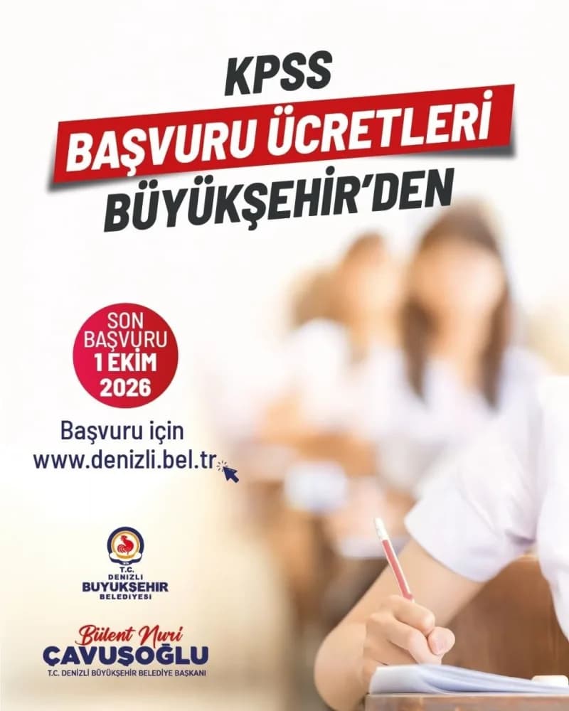 Denizli Büyükşehir Belediyesi binası önünde KPSS destek başvurusu ile ilgili bilgilendirme afişi