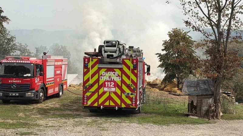Düzce’de besi çiftliğinin samanlığında çıkan yangın ekiplerin yoğun müdahalesi sonrasında bölgede bulunan diğer yapılara