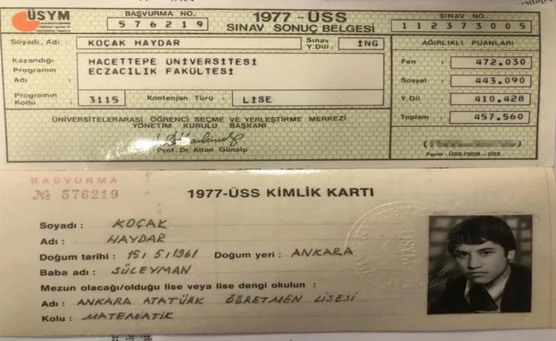 Haydar Koçak'ın 1977 yılında kaydolduğu Hacettepe Üniversitesi kimlik kartı
