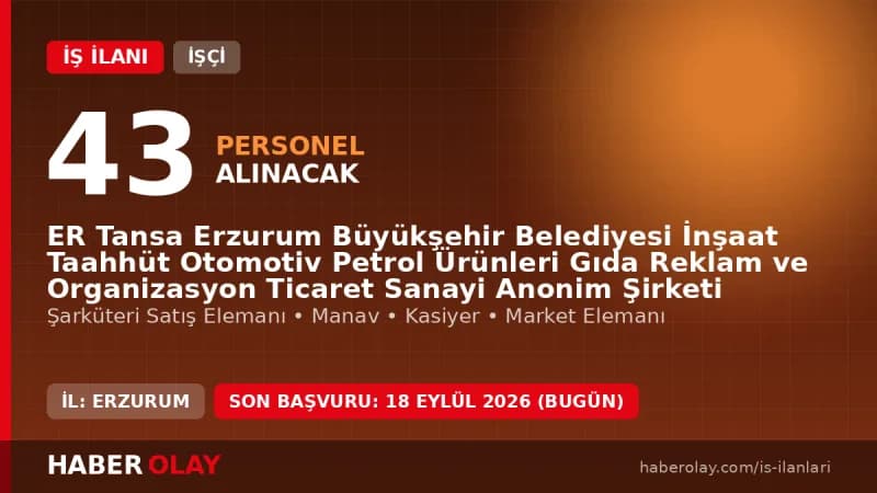 ERTANSA AŞ Erzurum personel alımı için şarküteri, manav, kasiyer, market elemanı ve özel güvenlik görevlisi arıyor