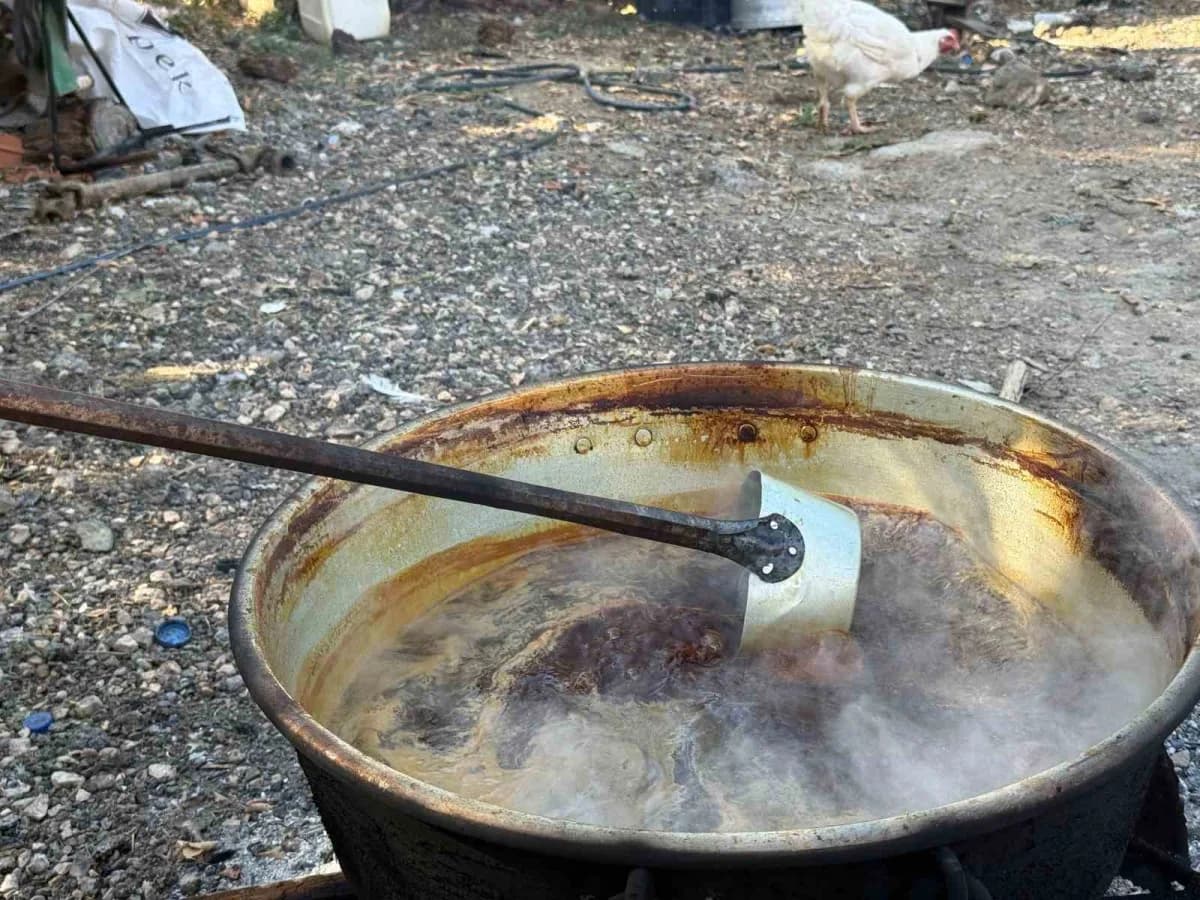 Eskişehir’in kırsal Yunusemre Mahallesi’nde bağ bozumunun ardından toplanan üzümler, geleneksel yöntemlerle pekmeze dönü