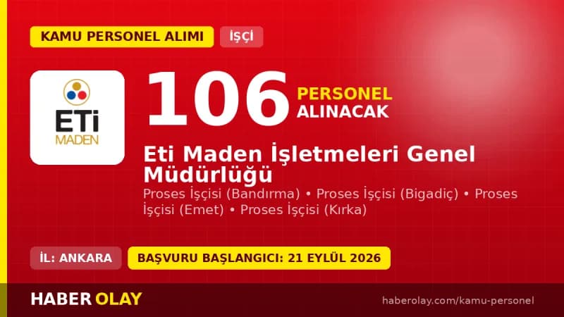 Eti Maden İşletmeleri Genel Müdürlüğü 106 sürekli işçi alımı başvuru detayları ve kadro dağılımı