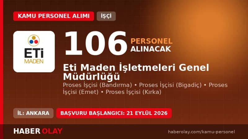 Eti Maden İşletmeleri Genel Müdürlüğü 106 sürekli işçi alımı başvuru detayları ve kadro dağılımı