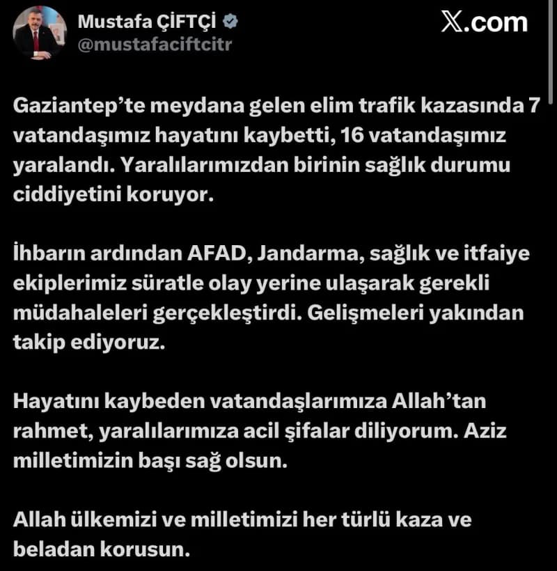 İçişleri Bakanı Mustafa Çiftçi'nin sosyal medya hesabından yaptığı açıklama
