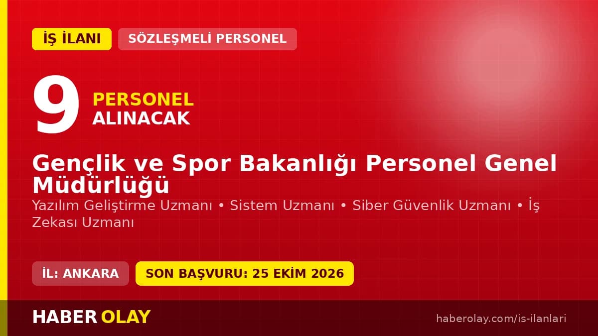 Gençlik ve Spor Bakanlığı sözleşmeli bilişim personeli alımı ilanı, 9 pozisyon, başvurular 21-25 Eylül 2026