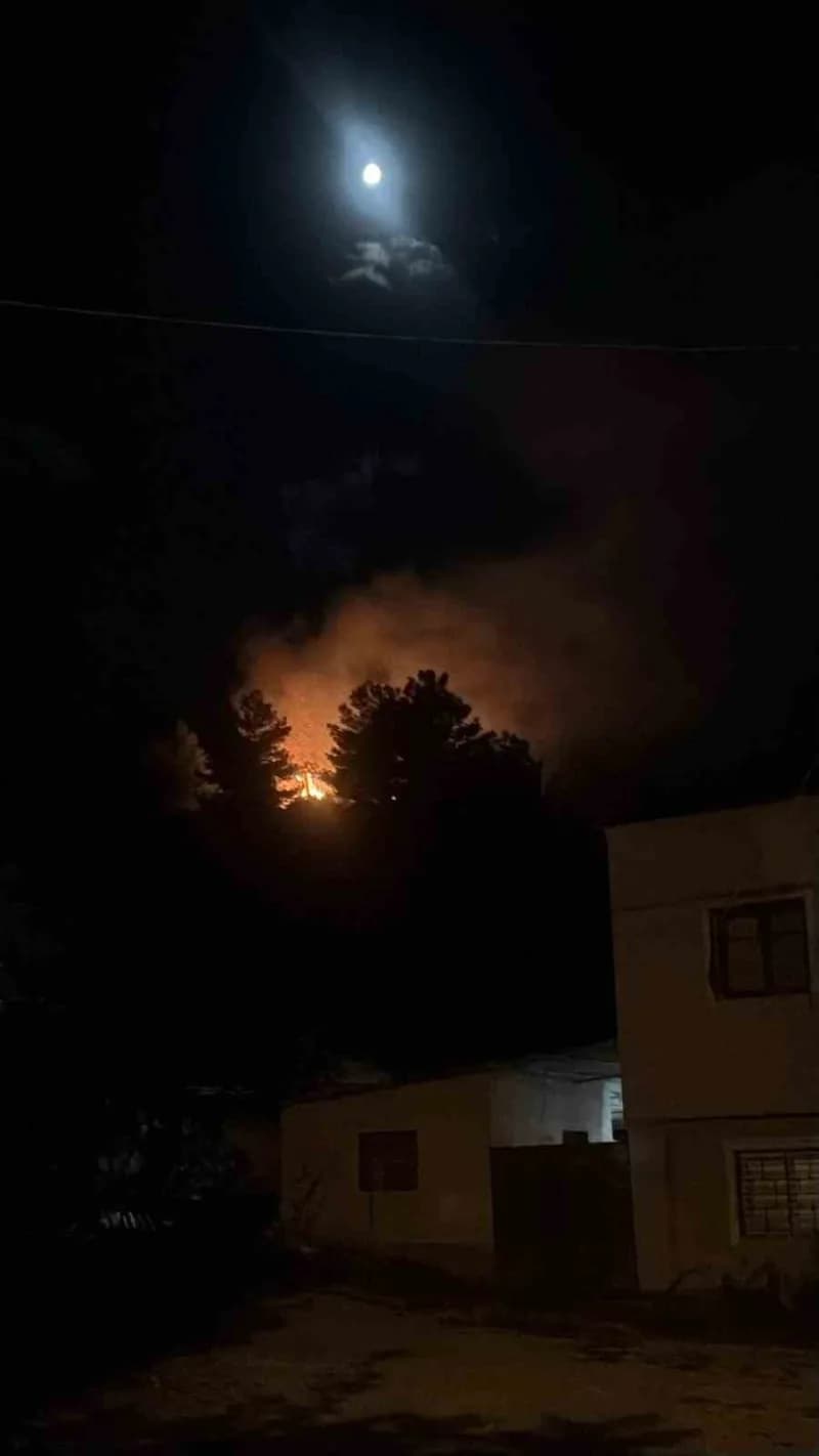 Hatay Arsuz ilçesinde havai fişeğin düştüğü ormanlık alanda çıkan yangına müdahale eden itfaiye ekipleri