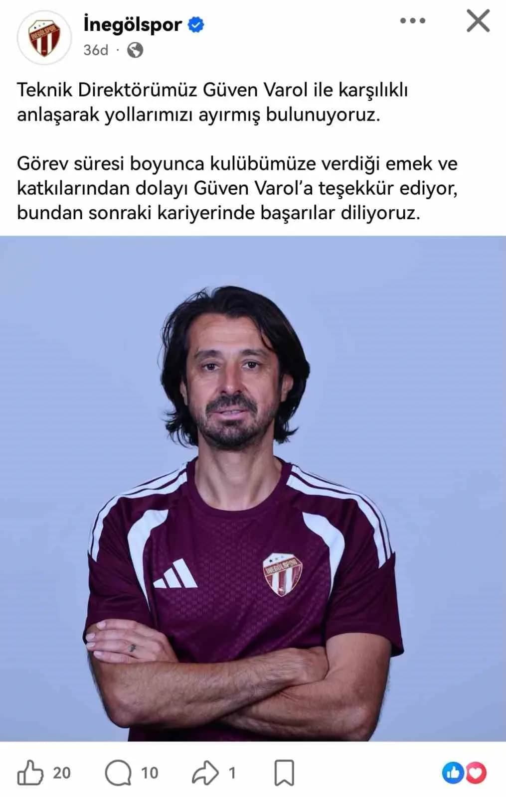 TFF 2. Lig temsilcisi Sultan Su İnegölspor, Teknik Direktör Güven Varol ile karşılıklı anlaşarak yollarını ayırdığını aç