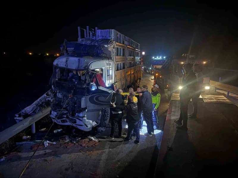 Afyonkarahisar Emirdağ'da iki kamyonun çarpışması sonrası vinçle kurtarılan yaralı sürücü