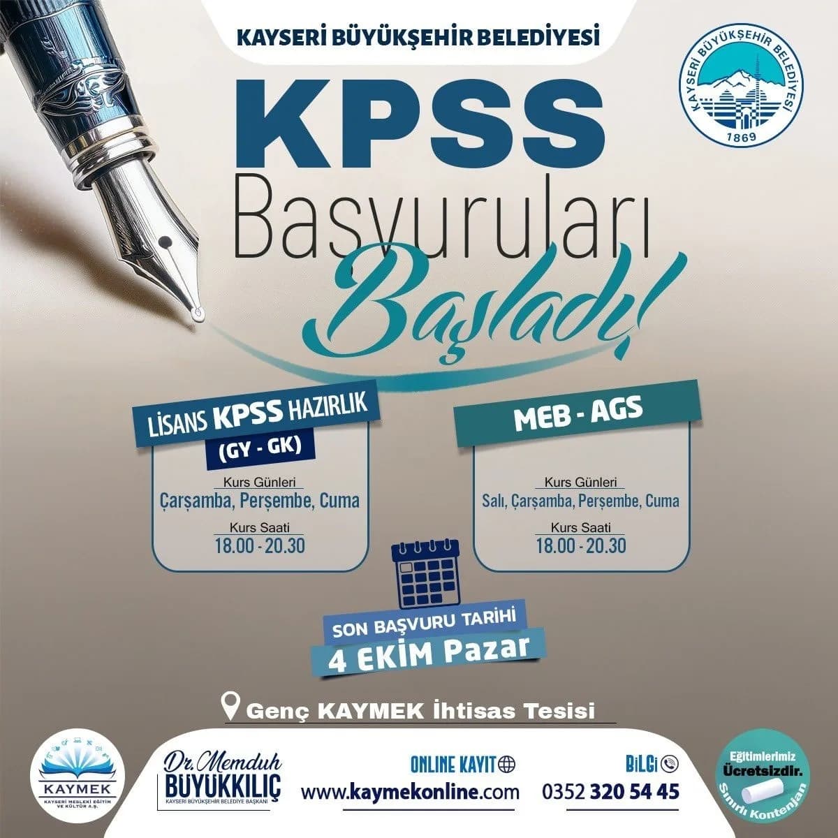 Kayseri KAYMEK tarafından düzenlenen KPSS ve MEB-AGS hazırlık kurslarına katılan öğrenciler eğitim alıyor