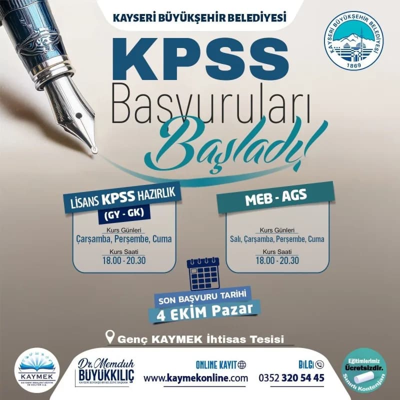 Kayseri KAYMEK tarafından düzenlenen KPSS ve MEB-AGS hazırlık kurslarına katılan öğrenciler eğitim alıyor
