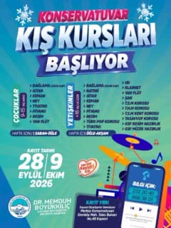 Kayseri Büyükşehir Belediyesi Konservatuvarı kış kursları için kayıtların başladığını duyuran afiş