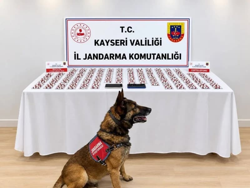 Kayseri'de jandarma ekipleri tarafından durdurulan araç ve ele geçirilen sentetik haplar
