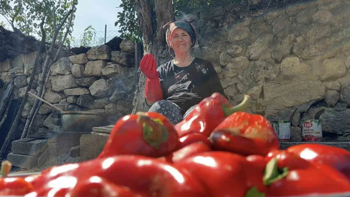 Soğucak köyünde yaşayan 75 yaşındaki Rukiye Dündar, kışlık salça kaynatmanın vaktinin geldiğini söyleyerek yıllardır uyg