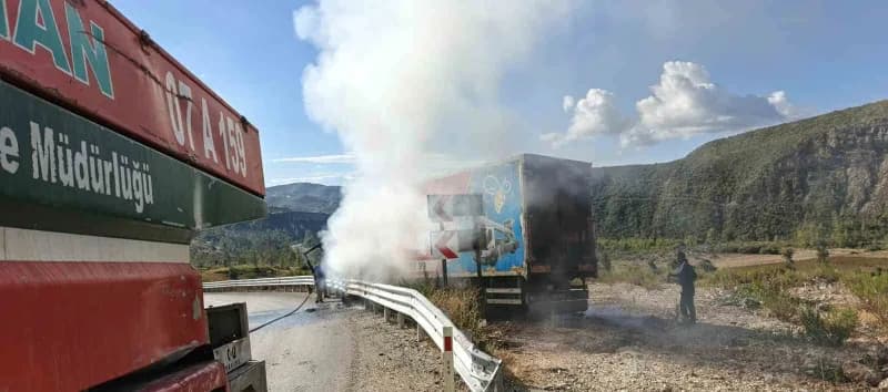 Antalya'nın Manavgat ilçesinde seyir halindeki kamyon bariyekrlere çarptıktan sonra yanmaya başladı. Yaralı kurtulan sür
