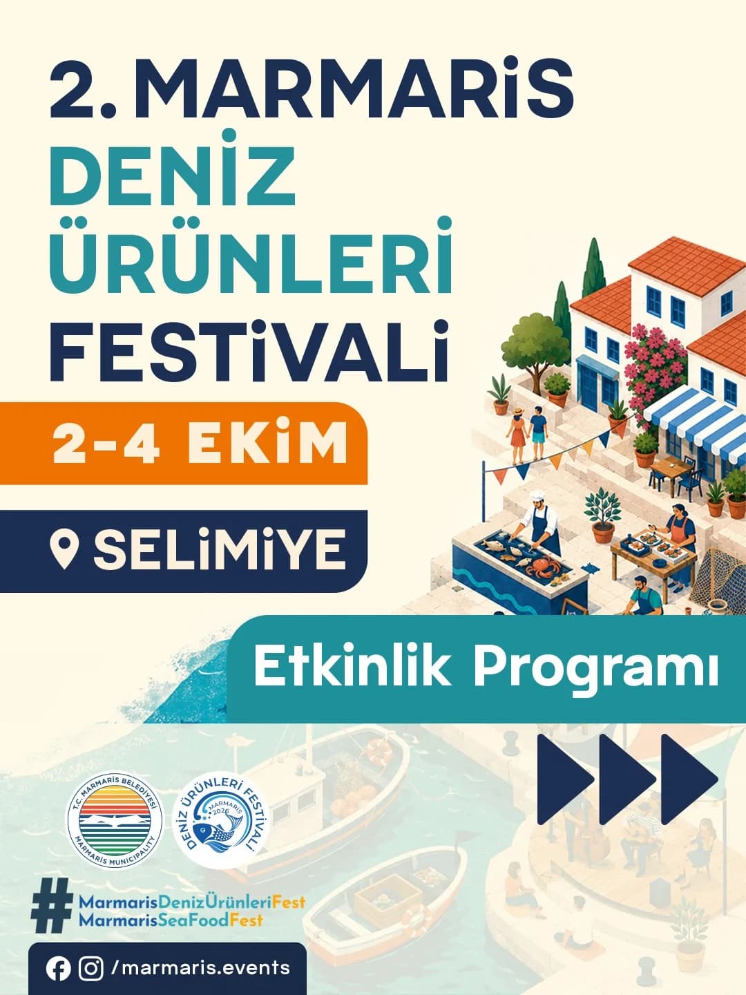 Marmaris Selimiye’de 2. Deniz Ürünleri Festivali kapsamında kurulan stantlar ve etkinlik alanı