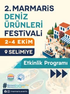 Marmaris Selimiye’de 2. Deniz Ürünleri Festivali kapsamında kurulan stantlar ve etkinlik alanı