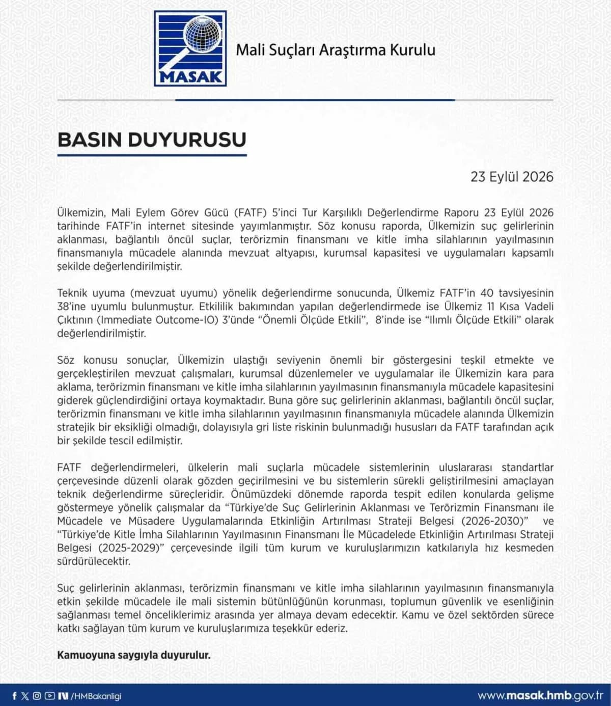 MASAK tarafından açıklanan FATF uyum raporu ve Türkiye'nin mali suçlarla mücadele durumu