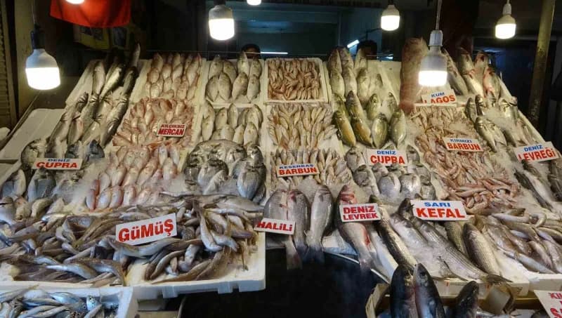Mersin balık pazarında tezgahlarda çeşitli balıklar ve hareketlilik