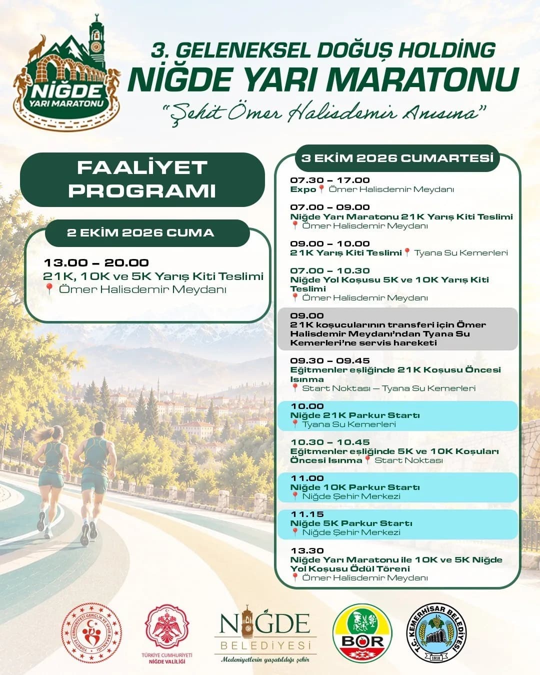 Niğde’de 3. Geleneksel Doğuş Holding Yarı Maratonu için tarihi Tyana Su Kemerleri önünde hazırlık yapan sporcular