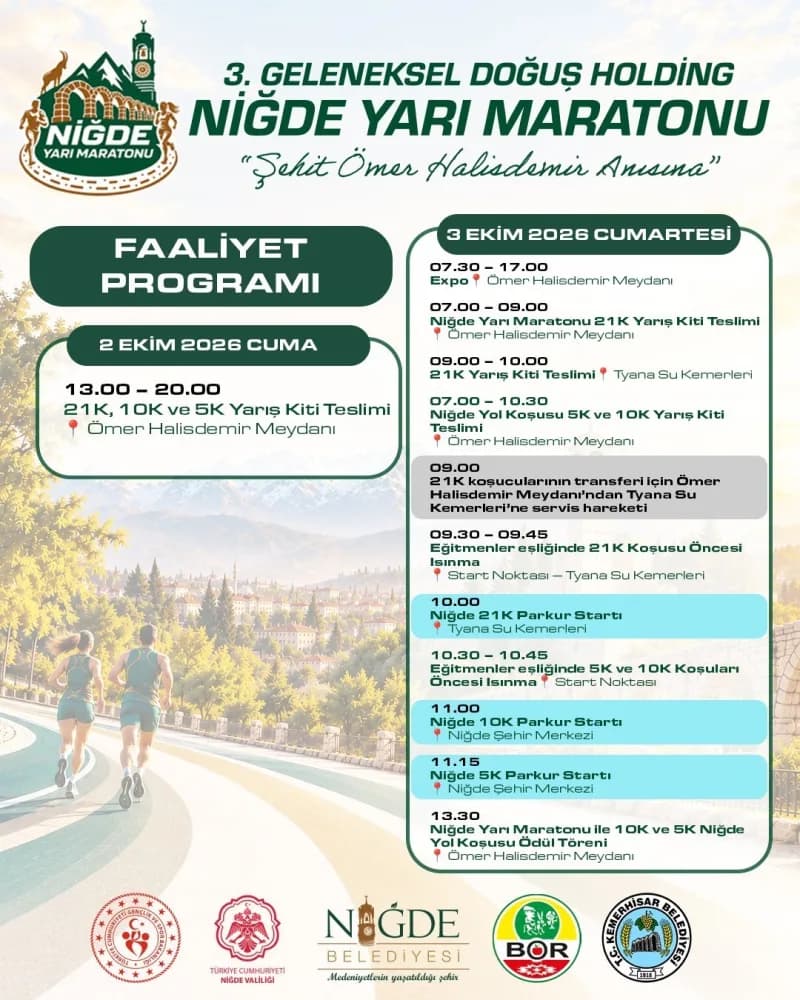 Niğde’de 3. Geleneksel Doğuş Holding Yarı Maratonu için tarihi Tyana Su Kemerleri önünde hazırlık yapan sporcular