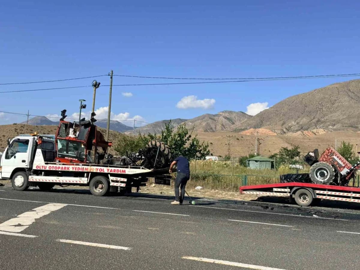 Oltu-Ardahan kara yolunda minibüs ile traktörün çarpışması sonucu meydana gelen trafik kazasında, 2’si ağır 3 kişi yaral