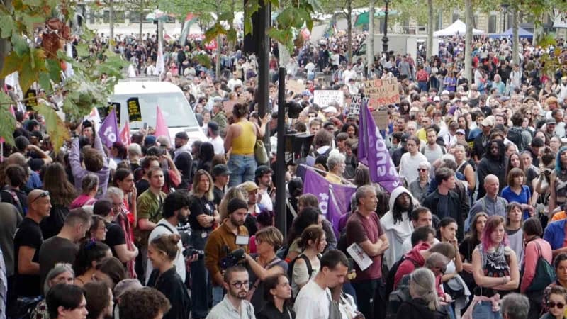 Paris'te polis ve jandarmanın silah kullanma yasa tasarısına karşı düzenlenen protestoda yürüyüş yapan kalabalık