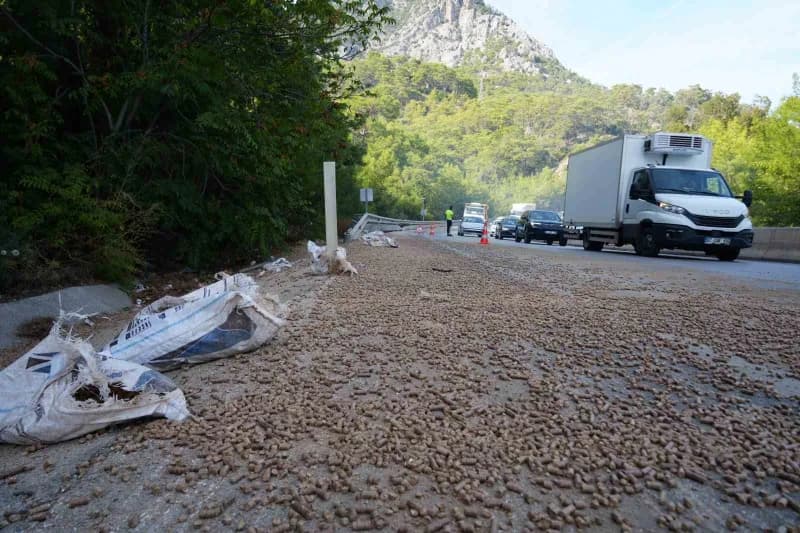Antalya-kemer kara yolunda bariyerlere çarptıktan sonra yaklaşık 1 kilometre boyunca sürterek ilerleyen pelet yüklü kamy