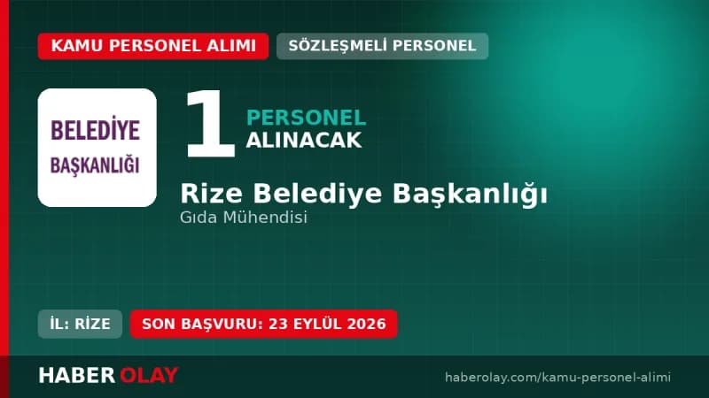 Rize Belediyesi Rize'de 1 sözleşmeli gıda mühendisi alımı yapacağını duyurdu