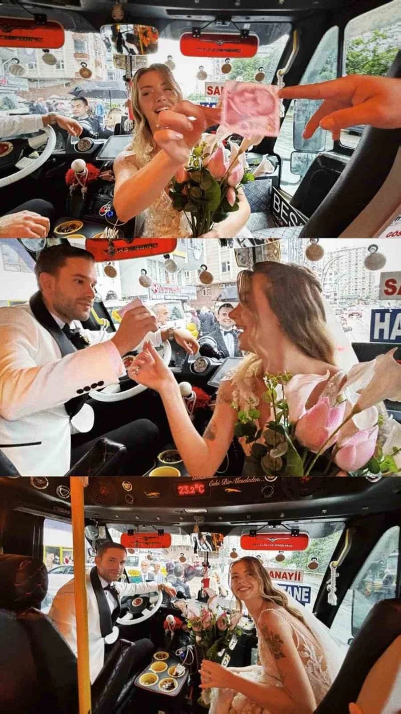 Rize’de dünya evine giren Hazal Aslan ve Onur Naci Kamçıcı çifti, düğün salonuna gitmek için gelin arabası yerine şehir