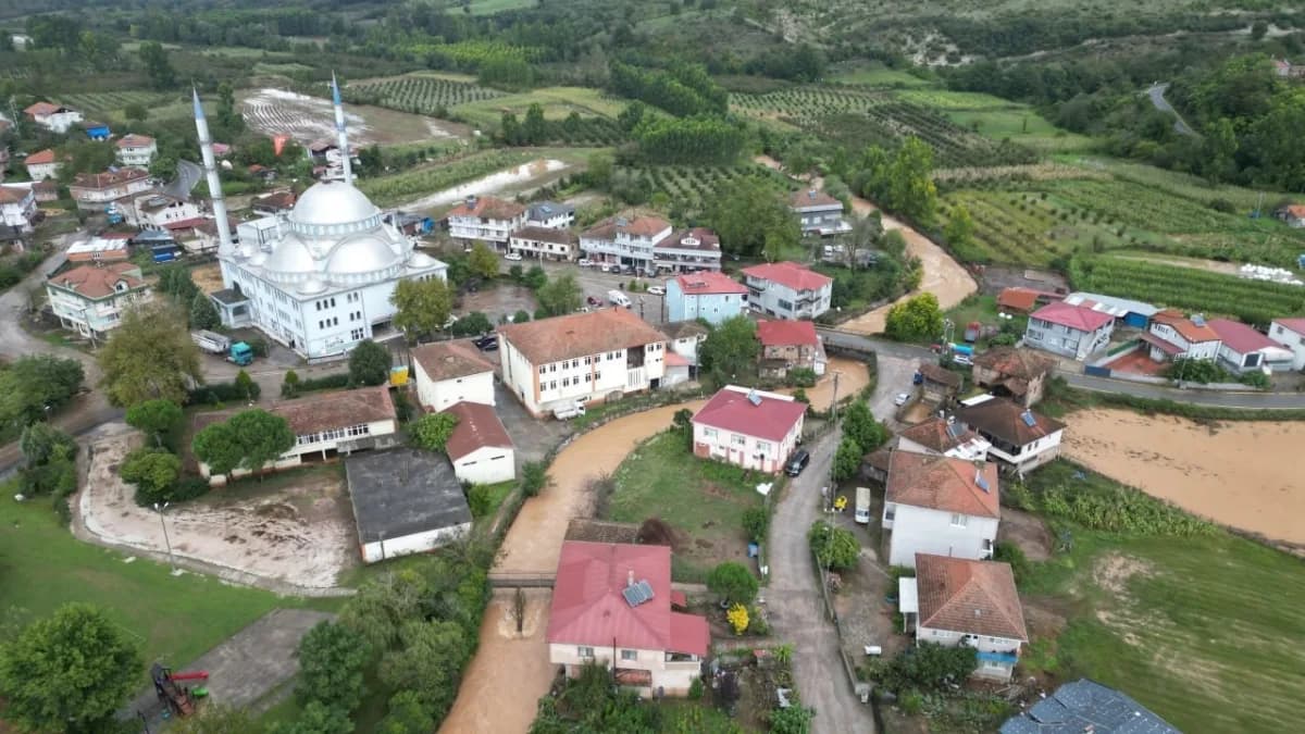 Sakarya Karasu Darıçayırı Mahallesi'nde taşkın sonrası suların çekilmesiyle cadde ve sokakların havadan görünümü