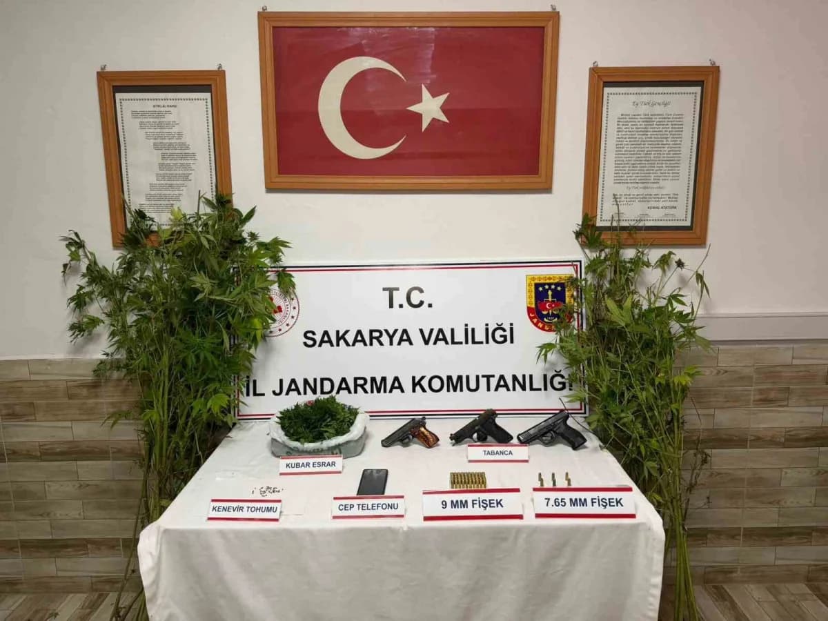 Sakarya’da jandarma ekiplerinin uyuşturucu operasyonunda ele geçirilen maddeler ve silahlar