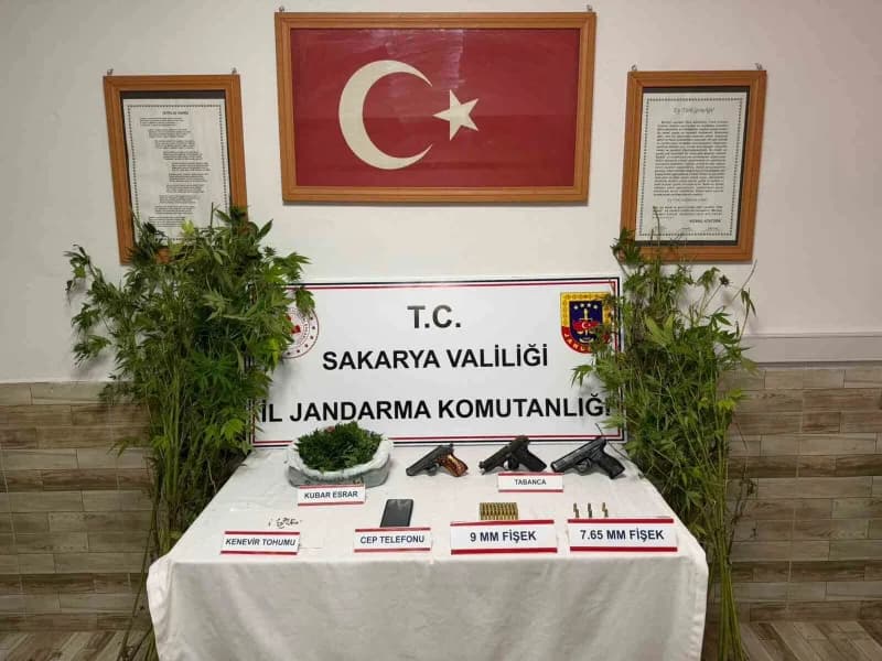 Sakarya’da jandarma ekiplerinin uyuşturucu operasyonunda ele geçirilen maddeler ve silahlar