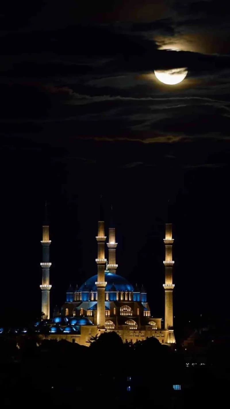 Edirne Selimiye Camii'nin gece parçalı dolunay manzarasıyla birlikte görkemli silueti